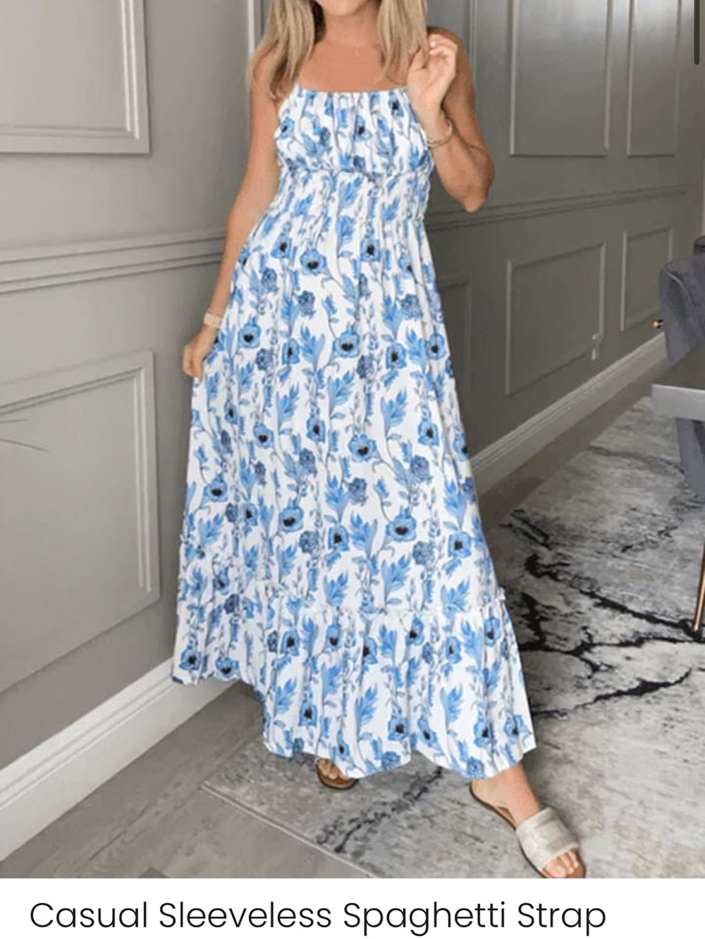 Grace Karin Casual Sleeveless Spaghetti Strap Maxi Dress Blue Floral